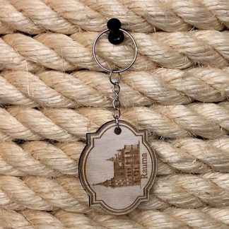 The product image shows a laser cut light key chain with the Old Town Hall and the text Rauma below it.