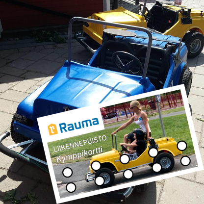 Picture of the blue and yellow Lokari-car. In the foreground is a picture of a 10 time use card for the children’s traffic park.