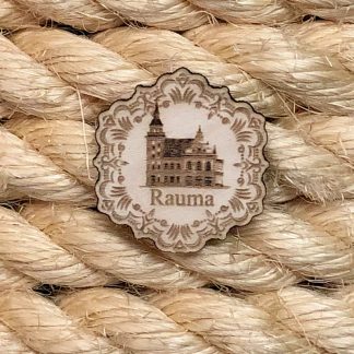The product image shows a laser cut light round magnet with the Old Town Hall of Rauma and the Rauma text below it.