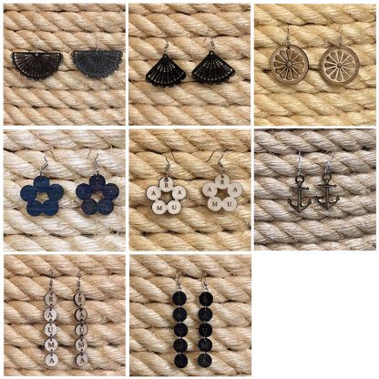The product image shows laser-cut earrings with eight different options. There is a light rope as background for the jewelry.