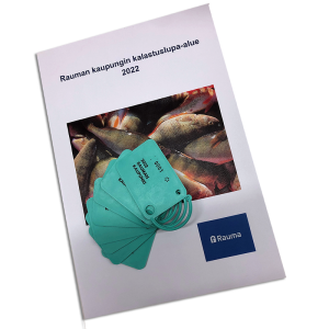 Product image of light green numbered gear tags, with the Rauma city's fishing permit. Area brochure as the background.