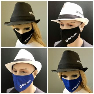 The product image shows fabric face masks with two color which are black and blue. The white Rauma logo is printed on the masks.