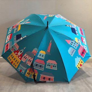 The picture shows an umbrella, which is illustrated with the buildings of the Old Rauma and the lighthouse of Kylmäpihlaja.