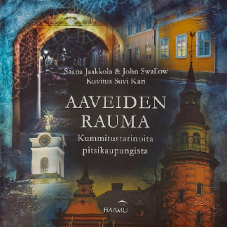 Product image shows the cover of the Aaveiden Rauma-book which shows among other things, the towers of the Church of the Holy Cross and the town hall.