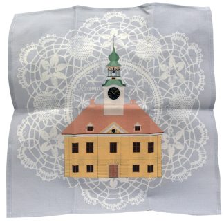 Product image of a light gray dish towel which has lace on the background. In the center of the pattern is a picture of Rauma's old town hall.