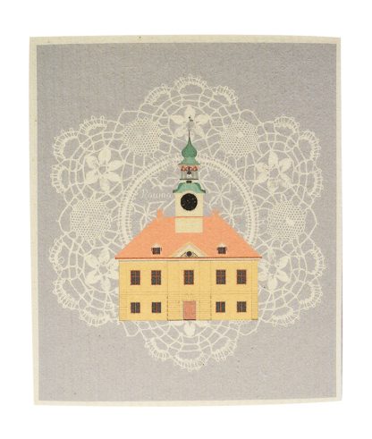 Product image of a light gray dishcloth which has lace on the background. In the center of the dishcloth is a picture of Rauma's old town hall.