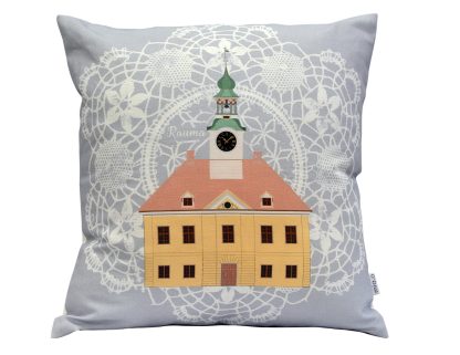 Product image of a light gray pillowcase which has lace on the background. In the center of the pattern is a picture of Rauma's old town hall.
