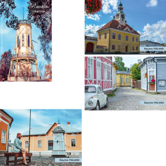photo collage of magnets which have different buildings from Rauma.