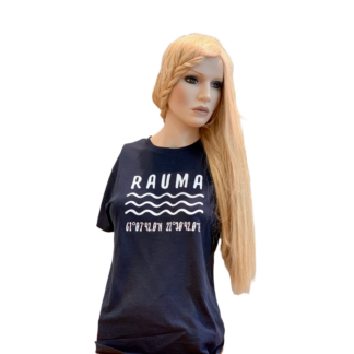 Product image of a dark blue t-shirt with the coordinates of the Rauma's old town hall on a white text.