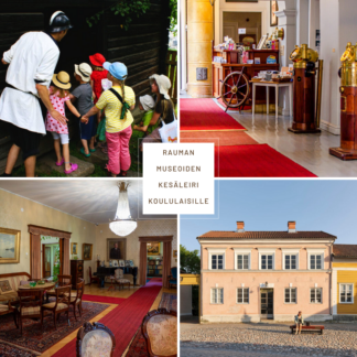 Mainoskuva Rauman museoiden kesäleiristä koululaisille ja taustalla kuvakollaasi museokohteista.