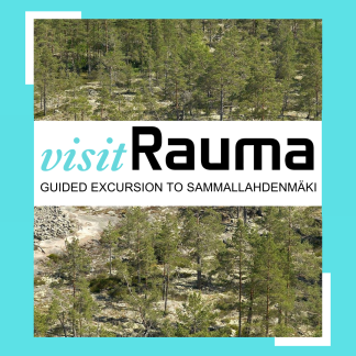 Promotional photo of the Sammallahti guided tour with the visitRauma logo and a picture of Sammallahti hill in the background.