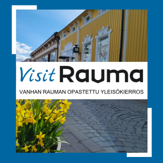 Kuvassa on Visit Rauman logo sekä valokuva kesäisestä Kuninkaankadusta.