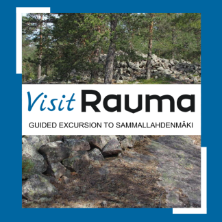 Promotional photo of the Sammallahti guided tour with the visitRauma logo and a picture of Sammallahti hill in the background.