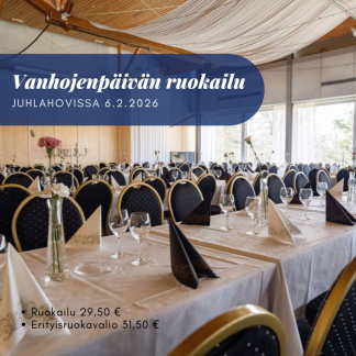 Mainoskuva vanhojenpäivän ruokailusta.