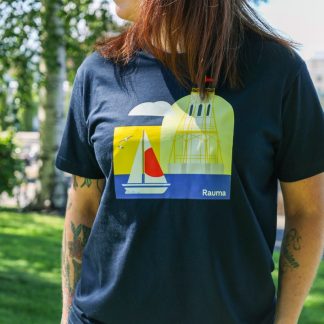 A Rauma-themed T-shirt with an illustration of a seascape on the front.